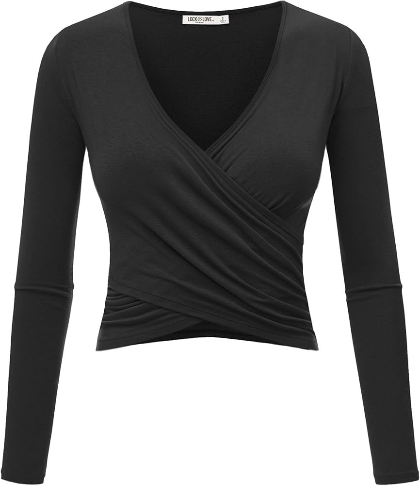 Lock and Love Women's Premium Short/Long Sleeve Deep V Neck Slim fit Cross Wrap Crop top Shirt-Ma... | Amazon (US)