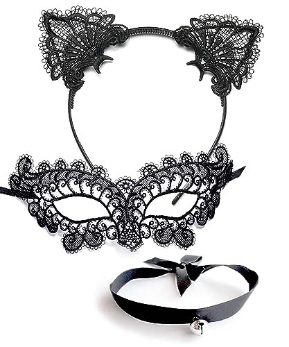 OLYPHAN Black Cat Costume for Women with Masquerade Mask, Lace Cat Ears Headband & Kitty Choker Adults/Adult | Amazon (US)