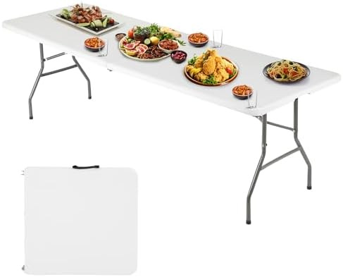 FDW 6FT Folding Table, Portable Fold-in-Half Plastic Picnic Party Table with Carrying Handle (Whi... | Amazon (US)