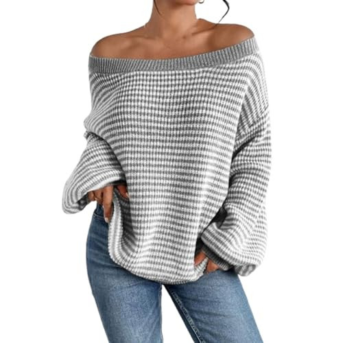 Women's Striped Off-The-Shoulder Pullover Sweater, Off The Shoulder Sweater,Oversized Knitted Sweater Pullovers (Gray,L) | Amazon (US)