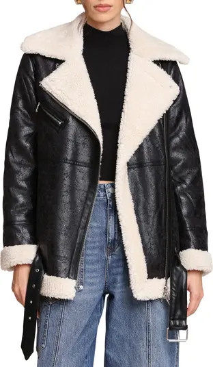 Faux Leather Biker Jacket with Faux Shearling Collar | Nordstrom