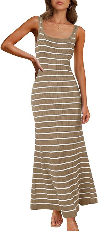 MEROKEETY Women's Sleeveless Striped Bodycon Maxi Dress Square Neck Ribbed Knitted Tank Sweater D... | Amazon (US)