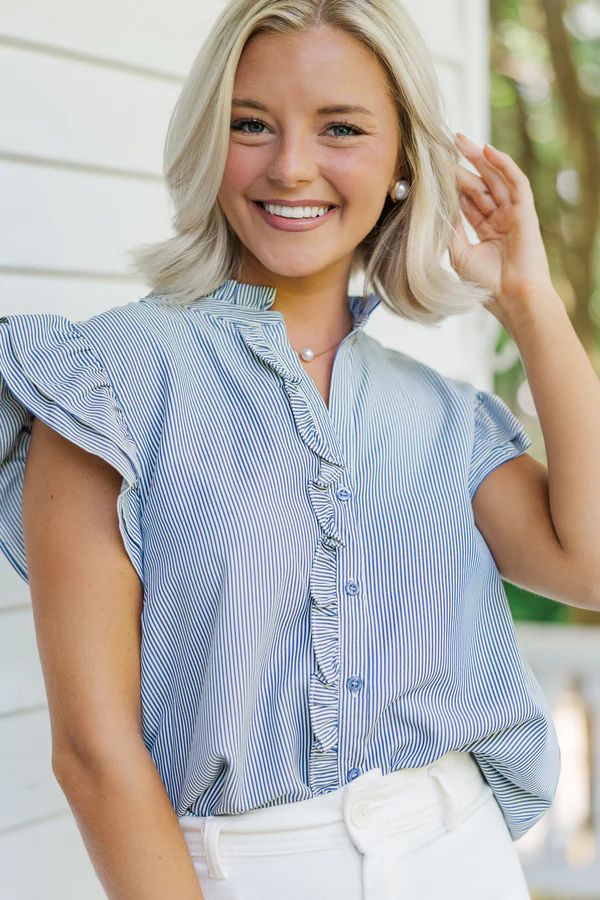 Sweet Southern Nights Navy Blue Pin Striped Blouse | The Mint Julep Boutique