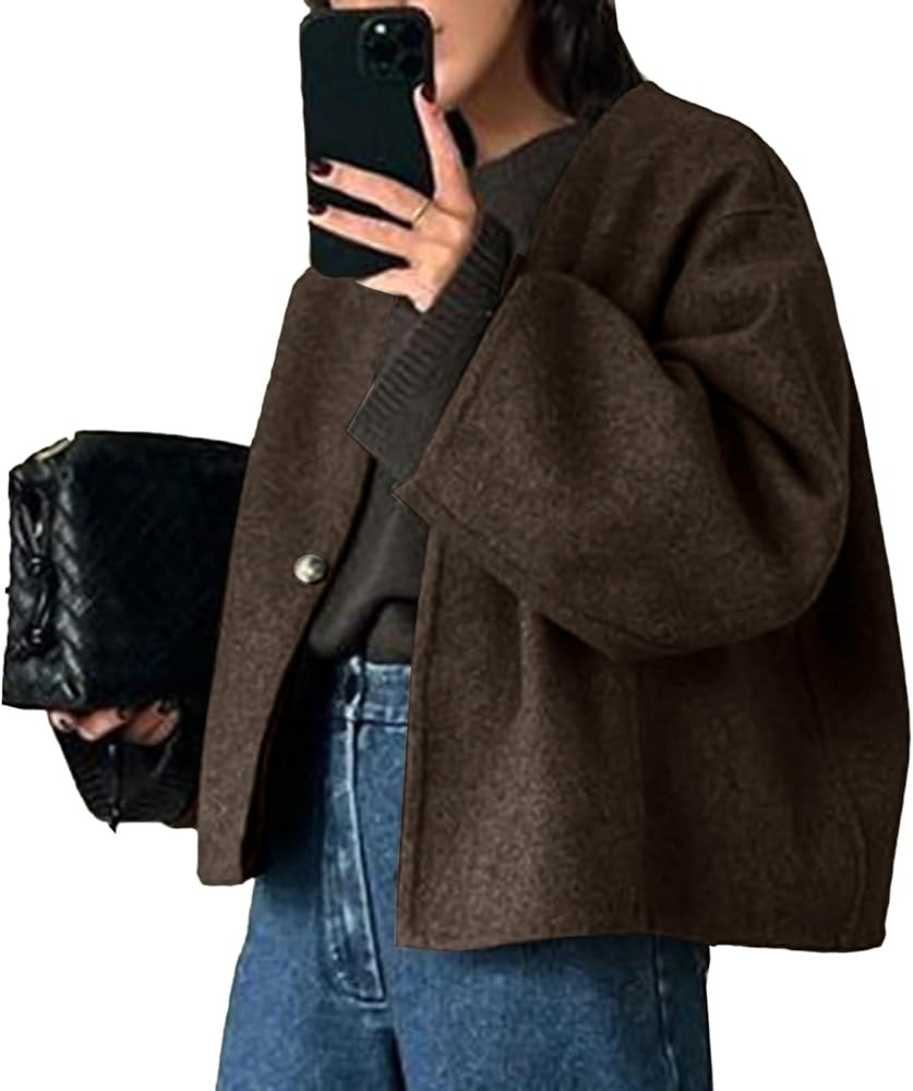 HOTIAN Women Cropped Wool Blend Coats Long Sleeve Coat Jacket Peacoat Fall Winter Outwear Overcoa... | Amazon (US)