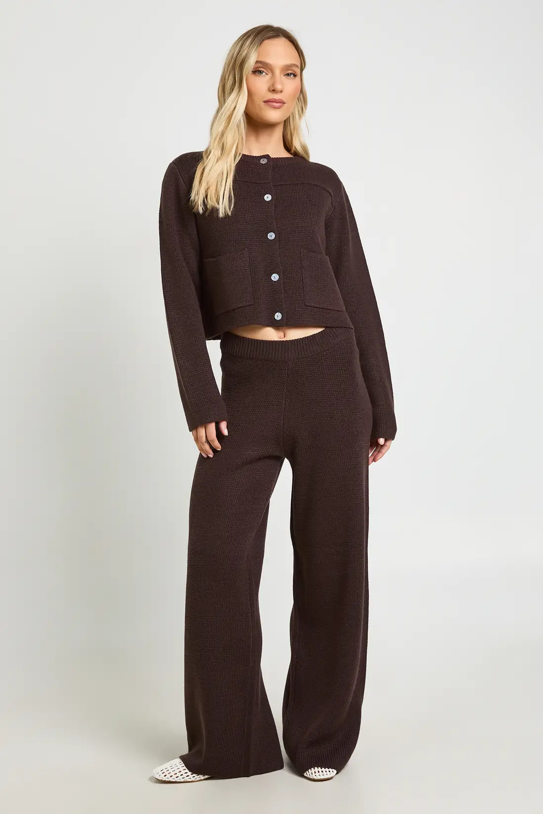 Chocolate Petite Pocket Detail Crew Neck Knitted Cardigan and Wide Leg Trouser | Boohoo | Boohoo.com (UK & IE)