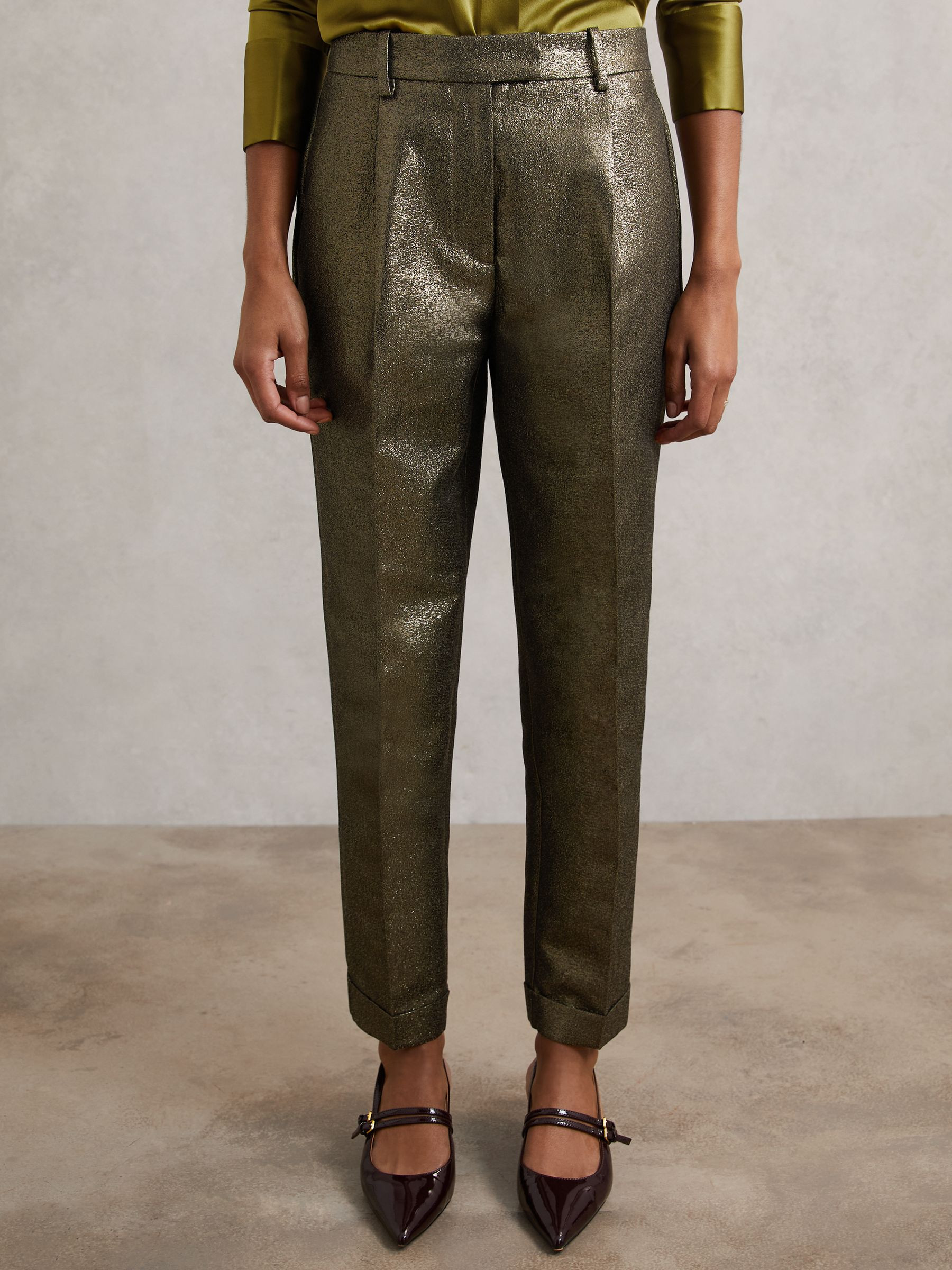 Reiss Petite Tapered Metallic Suit Trousers with Cotton in Gold | REISS | Reiss US
