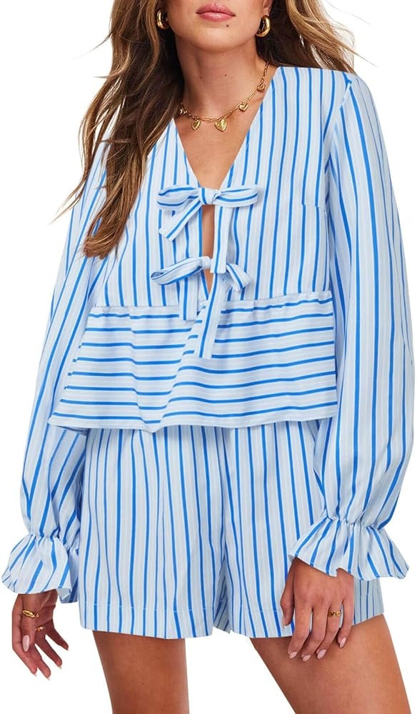Tankaneo Womens Y2K Tie Front 2 Piece Shorts Set Striped Long Puff Sleeve Peplum Top Summer Cute ... | Amazon (US)