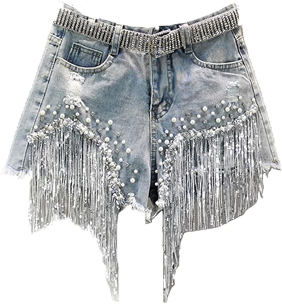 Summer High Waist Denim Shorts with Beaded Sequins and Fringed Ripped Leg Shorts | Amazon (US)