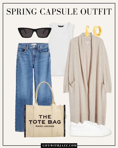 Casual spring outfit 🤍 

Neutral long cardigan / white tank top/ casual top / mid blue wash jeans / wide leg / relaxed jeans / sneakers / canvas tote / sunglasses / earrings / weekend outfit / running errands 

#LTKstyletip #LTKSeasonal