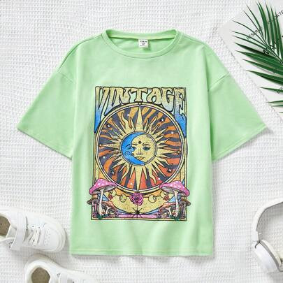 Tween Girl Sun & Letter Graphic Drop Shoulder Tee | SHEIN