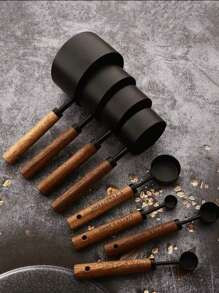 Set Of 4/8 High-End Stainless Steel Measuring Spoons And Cups With Wooden Handles - Durable, Rust... | SHEIN