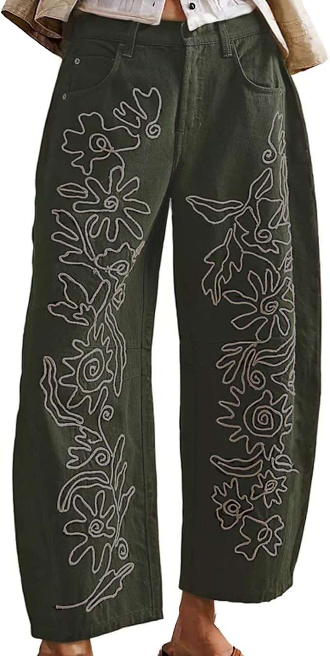 YSW Embroidered Mid Rise Jeans for Women Baggy Boyfriend Jean Boho Barrel Horseshoe Vintage Pants | Amazon (US)