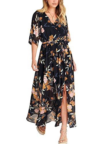ANRABESS Womens 1/2 Sleeve Beach Wedding Guest Maxi Dresses 2026 Fall Wrap V Neck Boho Floral Flowy Slit Long Summer Dresses Floral Black Yellow Large | Amazon (US)