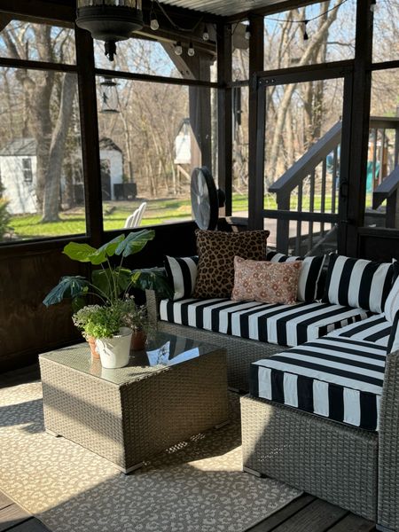 Outdoor replacement cushions, black and white stripe outdoor patio cushions and pillows, spring toss pillows, patio string lights, outdoor rug, outdoor livingg

#LTKhome #LTKSeasonal #LTKfindsunder50
