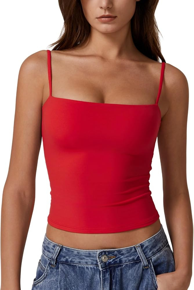 QINSEN Women's Double Lined Basic Tank Top Adjustable Spaghetti Straps Sleeveless Camisole Shirts | Amazon (US)