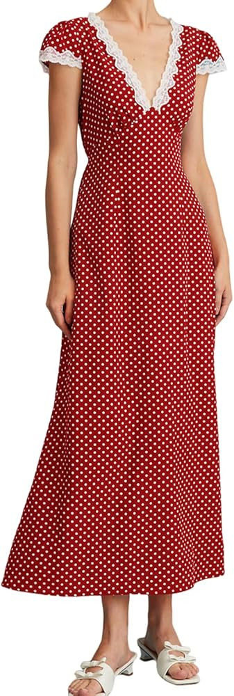 Women Summer Dresses Deep V Neck Polka Dot Prined Splice Lace Dress Elegant Cotton for Party | Amazon (US)