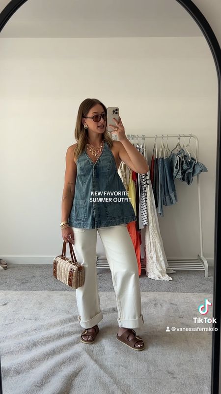 6/4/24 Casual summer outfit 🫶🏼 Summer outfit inspo, summer fashion trends, summer trends, summer outfits, white jeans, free people style, free people outfits, denim top, denim halter top, Birkenstock sandals, chunky jewelry, fashion accessories, fashion trends, trendy summer outfits 
