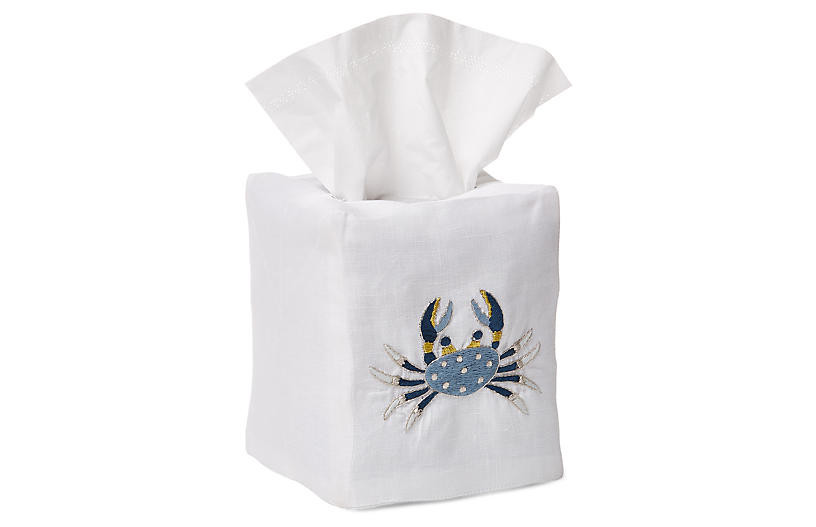 Crab Tissue Box Cover, Blue/White | One Kings Lane