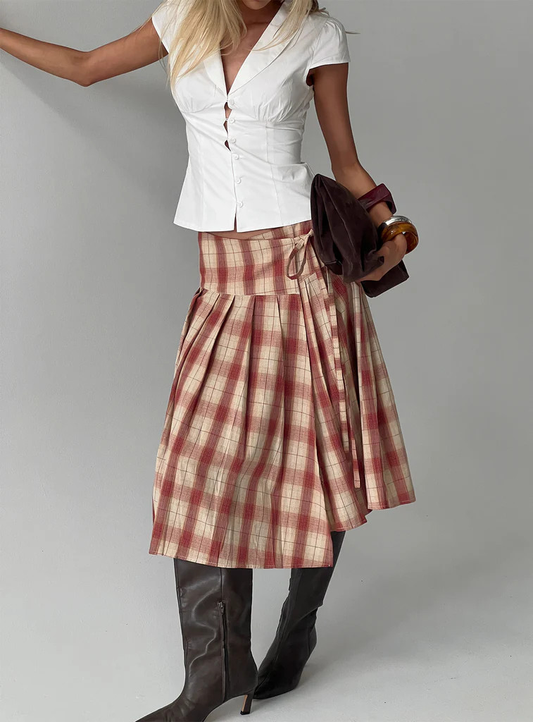 Norie Wrap Pleat Midi Skirt Red Plaid | Princess Polly US