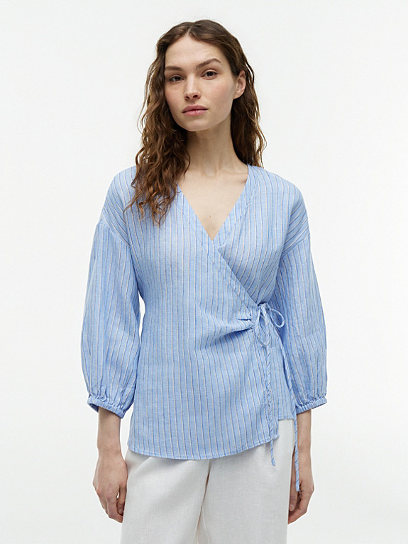Relaxed Fit Pure Linen Wrap Blouse | Blue | Tommy Hilfiger | Tommy Hilfiger UK