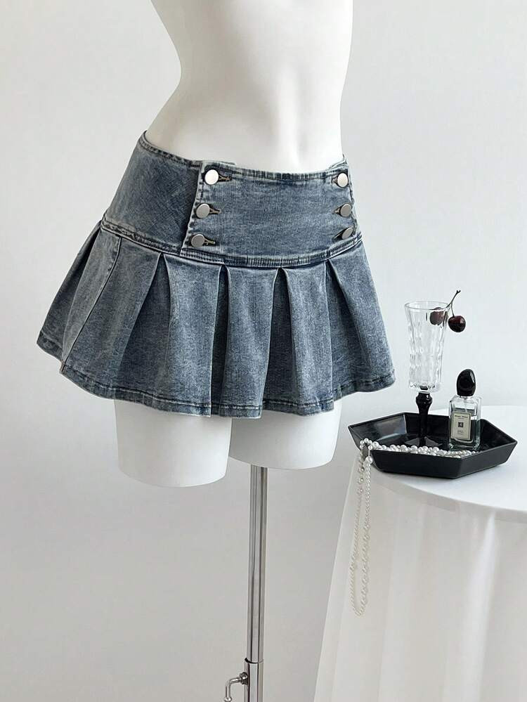 Elamini Y2K Fashionable Casual Low-Waist Pleated Denim Mini Skirt | SHEIN