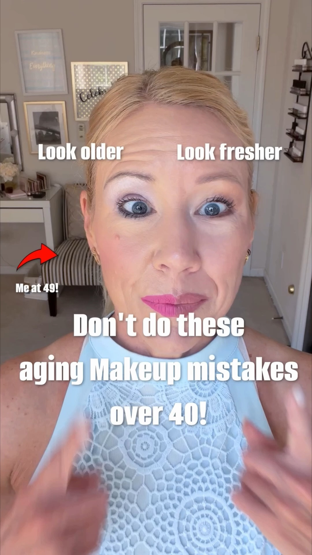 This is 49! No Filters, No Botox, No Fillers.
Makeup mistakes you should avoid over 40:
1. Too much heavy foundation, instead choose a light BB or CC cream.

2. Too much and too light concealer, instead choose as little as possible- the concealer only being 1-2 shades lighter than your skin-tone.

3. Too much powder, instead only put the tiniest amount where you have puffiness.

4. Too dark eyeliner looks harsh, instead try a medium brown shade eyeshadow with a pencil brush.

5. Shimmery eyeshadow all over the lid looks outdated and aging, instead try to focus on the outer V with a medium brown shade.

6. Mascara on the lower lash-line can drag eyes down, try to use mascara only on the upper lashes to lift them up.

7. Too dark and thin eyebrows look aging, instead try a lighter shader and make them a little more fuller to look more youthful. 

8. Too much blush looks unnatural imo (blush can also look very fresh if the overall makeup look is natural- in this case with the shimmery purple eyeshadow and pink lips adding the blush feels like it is too much I think), try a natural looking bronzer instead. 

9. Pink lipstick looks outdated imo (hey if you love your pink lippie go for it- this is just my personal opinion), try to overline- just a tad- your lips with a nude lipliner to make them look fuller.

10. Highlighter on the brow bone looks outdated and can enhance fine lines, try to highlight instead the inner tear duct to open up your eyes.

Follow @sissi_the_german for more tips! #makeupover40

#LTKOver40 #LTKmorningroutine #LTKBeauty