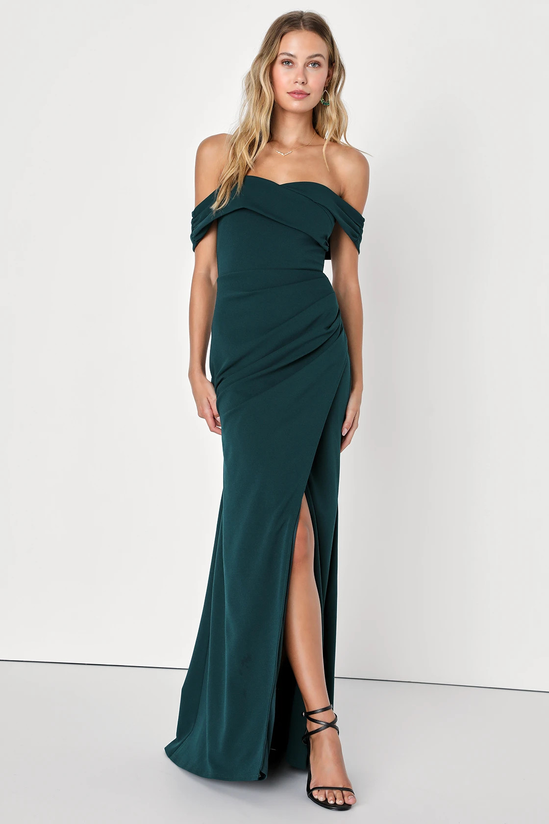 High-Class Presence Emerald Green Off-the-Shoulder Maxi Dress | Lulus