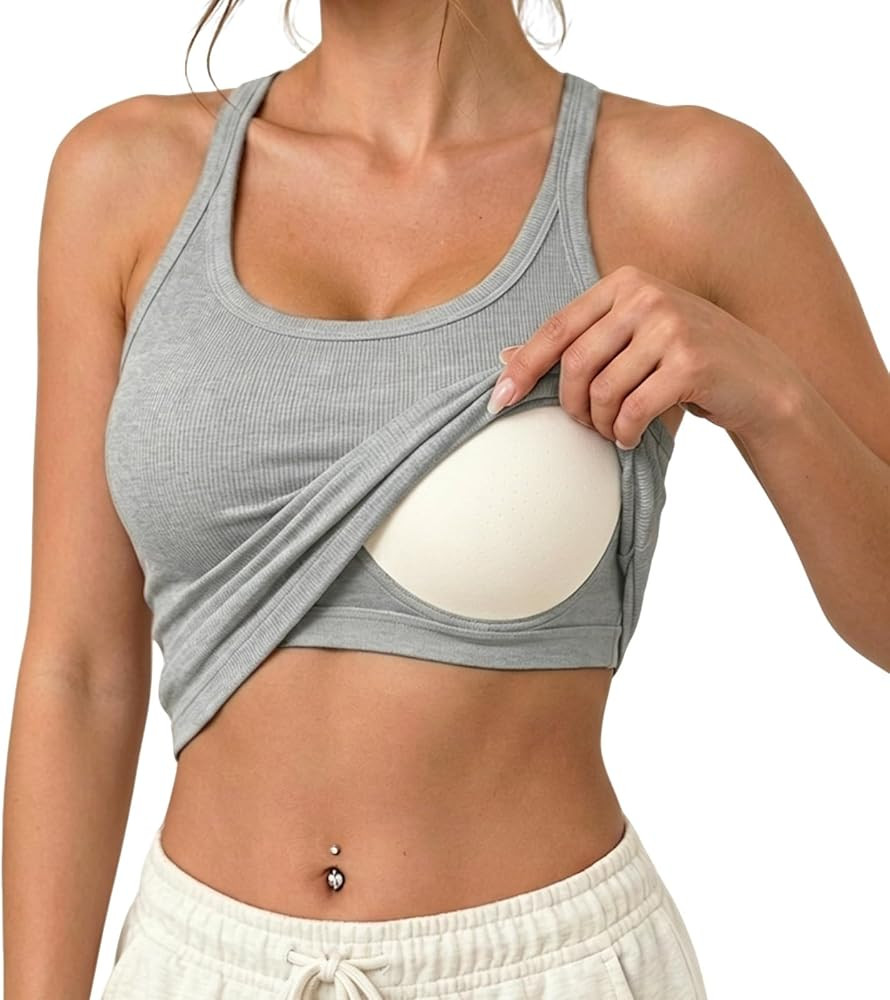 Womens Ribbed Tank Tops with Built in Bra, Sleeveless Shirts for Women Yoga Workout, Fitness Race... | Amazon (US)