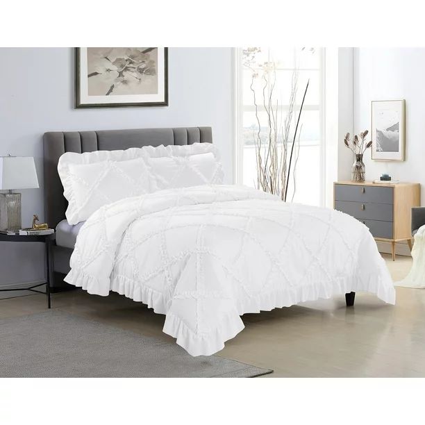3 Piece Gorgeous Handcraft Ruffle Applique Design White Queen Bedding with 4" Ruffle Edge - 100% ... | Walmart (US)