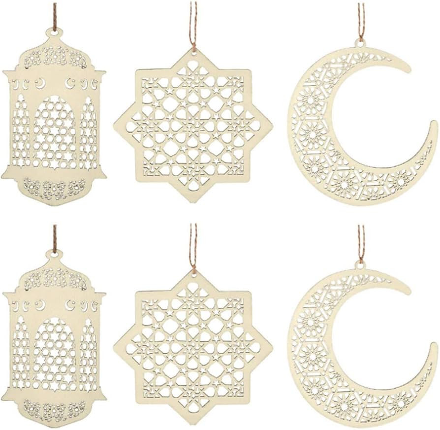 6Pcs Ramadan Kareem Wooden Ornaments Pendant Decoration Moon Lantern Star Shape Mubarak Eid Hangi... | Amazon (US)