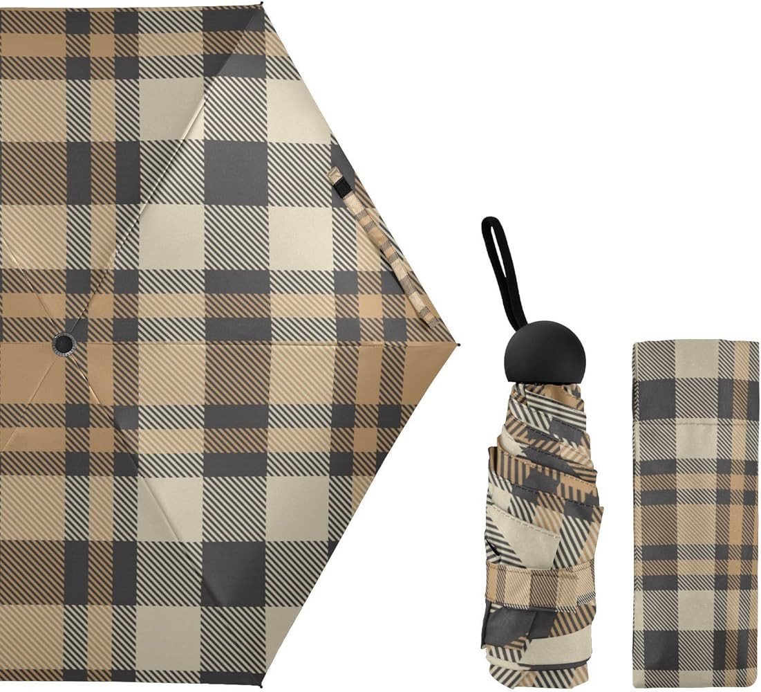 susiyo Mini Umbrella Classic Brown Plaid Tartan Lightweight Compact Umbrellas for Sun and Rain | Amazon (US)