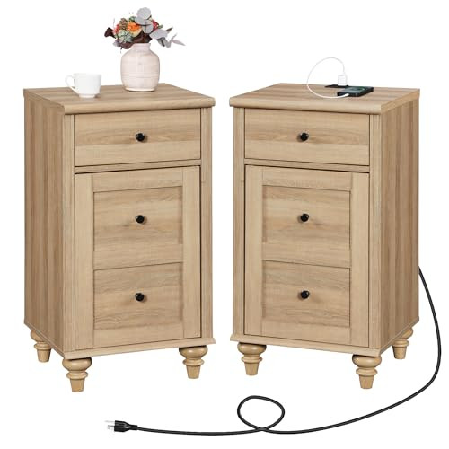WAMPAT Nightstands with Charging Station, Set of 2 End Table with Power Outlets & USB Ports for Living Room, Modern Side Table with Drawer and Storage Cabinet for Bedroom, Oak | Amazon (US)