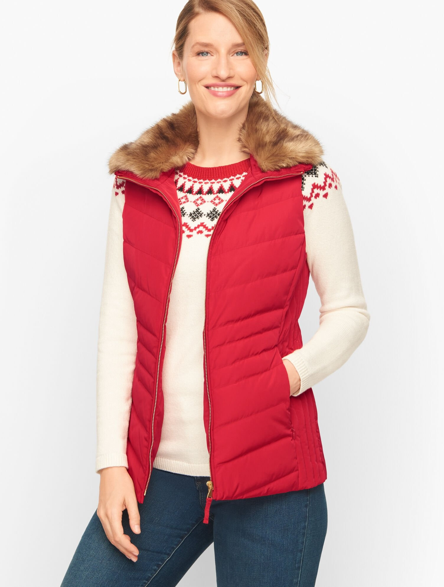 Faux Fur Collar Down Puffer Vest | Talbots