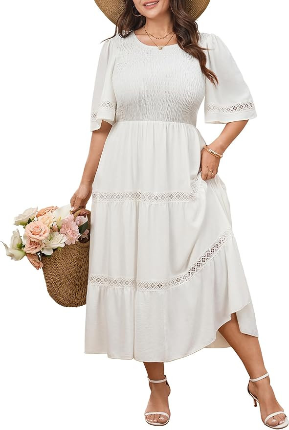 SCOMCHIC Women's Plus Size Maxi Dress Casual Crewneck Smocked Boho Elegant Hollow Out Summer Wedd... | Amazon (US)