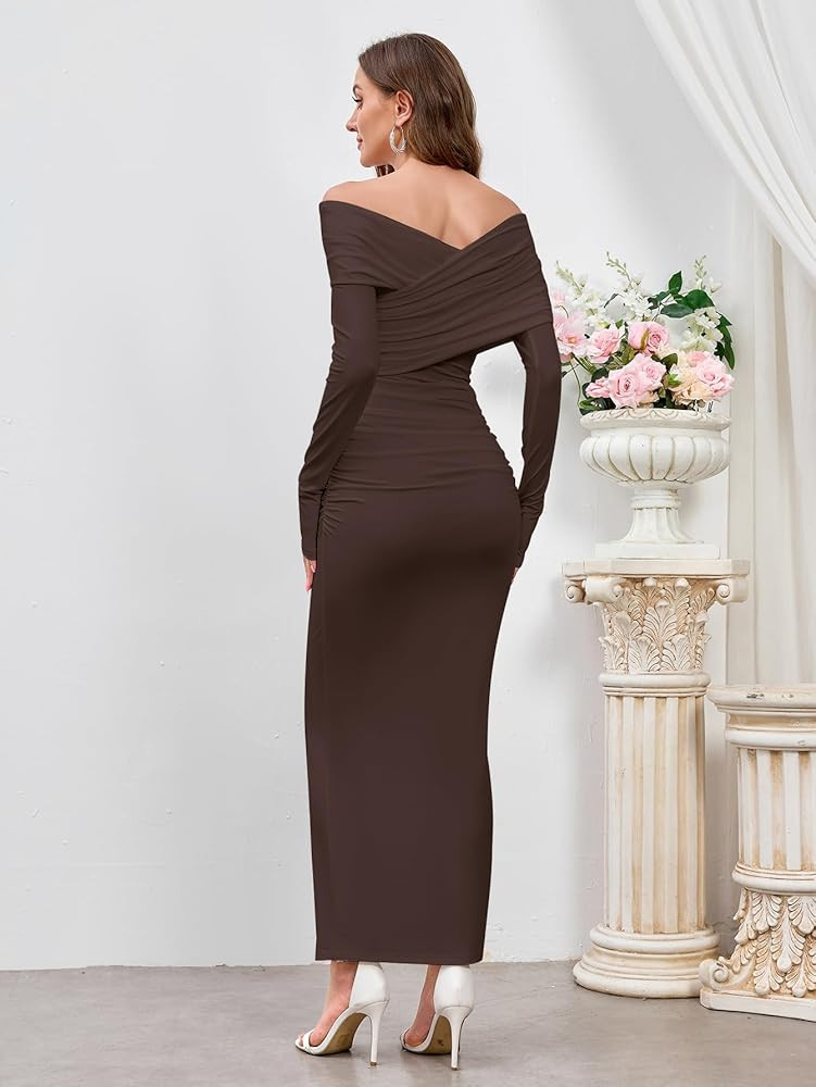 Elegant Off Shoulder Long Sleeve Ruched Bodycon Maxi Dress Wedding Guest Evening Formal Fall Long... | Amazon (US)