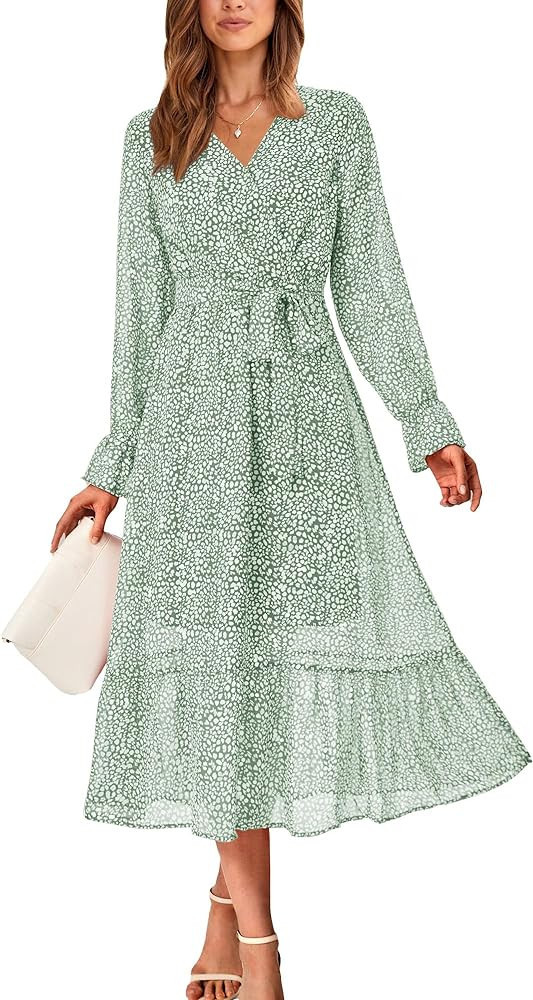 BTFBM Women's Casual Party Summer Fall Dresses 2023 Long Sleeve Wrap V Neck Swiss Dot Swing A-Lin... | Amazon (US)