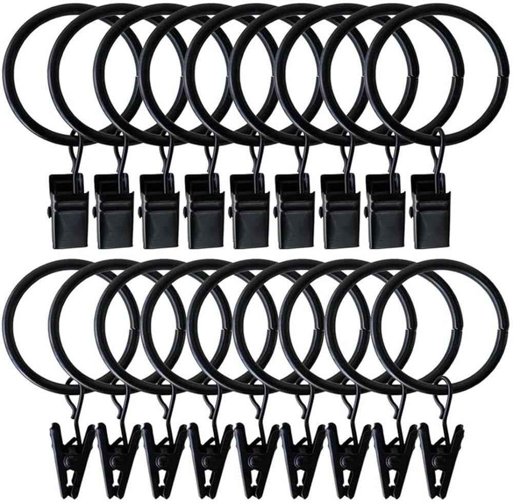 1.5 inch Curtain Rings, 20 Pcs Black Curtain Hooks, Rustproof Metal Curtain Rings with Clips, Sol... | Amazon (US)
