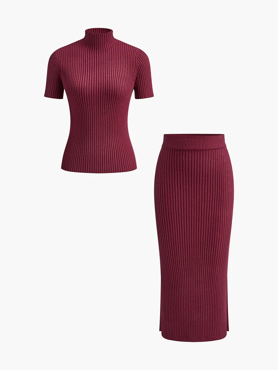 Solid High Neck Split Ribbed Knit Two Pieces Skirt Set | Commense