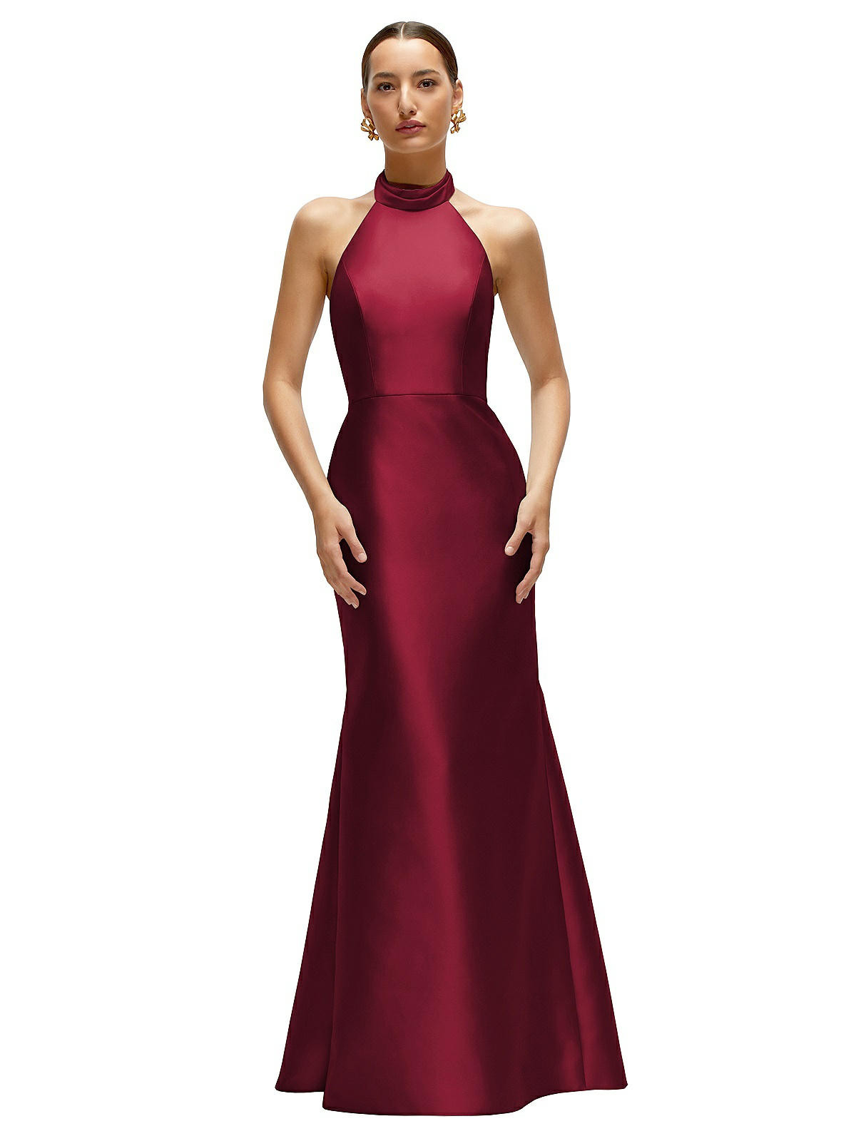 High-Neck Halter Open-Back Satin Trumpet Dress  in Burgundy | Dessy Group