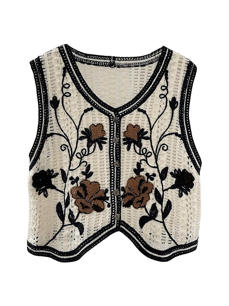 GORGLITTER Women's Embroidered Floral Crochet Vest Button Up Crop Summer Cowgirl Tops Country Con... | Amazon (US)