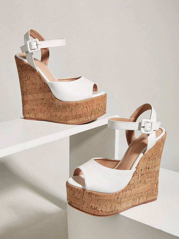 Sandales compensées pour femmes blanches à bout ouvert, à bride arrière évidée, décontract... | SHEIN