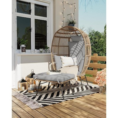 Egg Chair with Footrest, Wicker Patio Lounger with Ottoman, Oversized Rattan Egg Shaped Chair with Leg for Indoor Outdoor Patio Balcony, Gray | Target