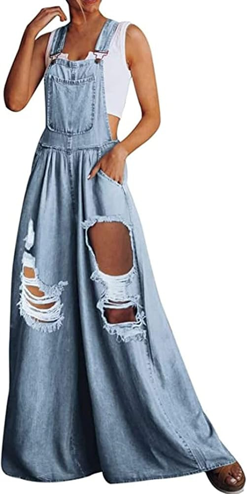 loveimgs Women's Casual Ripped Adjustable Denim Overalls Baggy Wide Leg Bib Pants Palazzo Jumpsui... | Amazon (US)