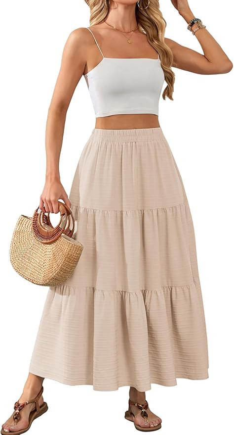 HUSKARY Women's Summer Casual Elegant Smock Layered Tiered Maxi Skirt High Waisted A Line Flowy L... | Amazon (US)