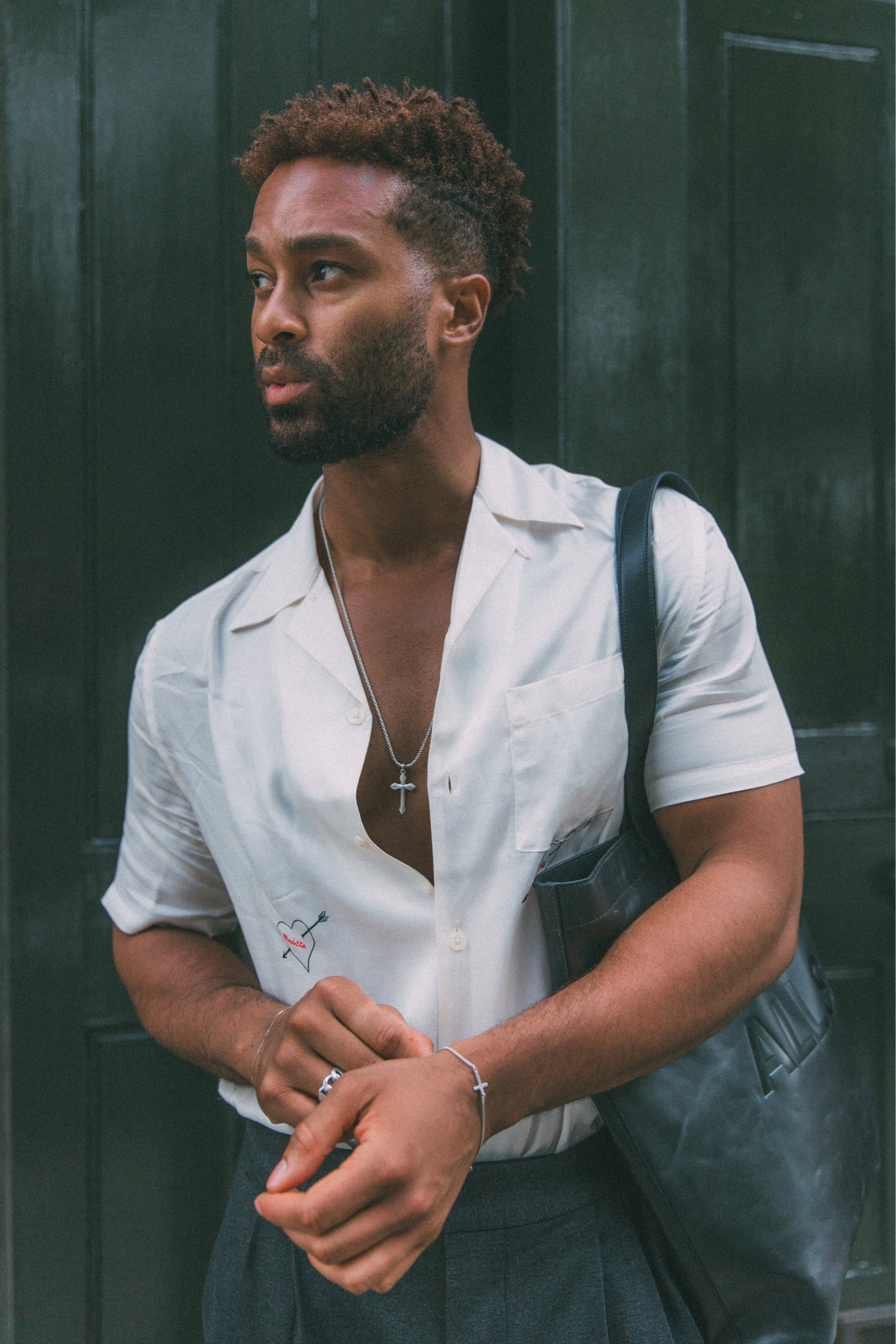 All Saints X Teddy Soares 
White pattern shirt, black leather bag, all saints shirt, men’s fashion, silver accessories, men’s jewellery, men’s accessories, street style, male fashion inspo 

#LTKeurope #LTKSeasonal #LTKstyletip