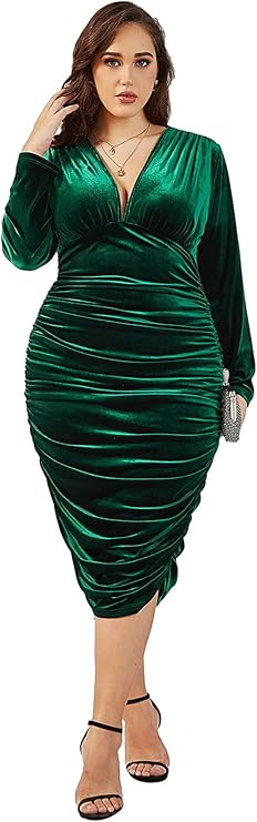 WDIRARA Women's Plus Size Ruched Deep V Neck Midi Dress Long Sleeve Velvet Bodycon Dresses | Amazon (US)