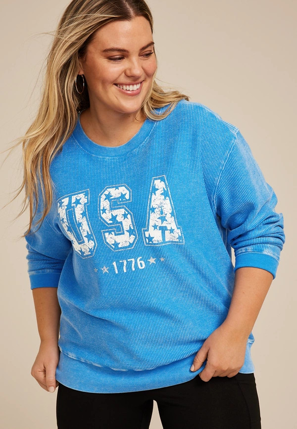 Plus Size Americana Corded Crew Neck Sweatshirt | Maurices