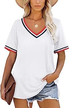 Bofell Womens T Shirts Loose Fit V Neck Tops Side Split Short Sleeve Tee Shirts S-2XL | Amazon (US)