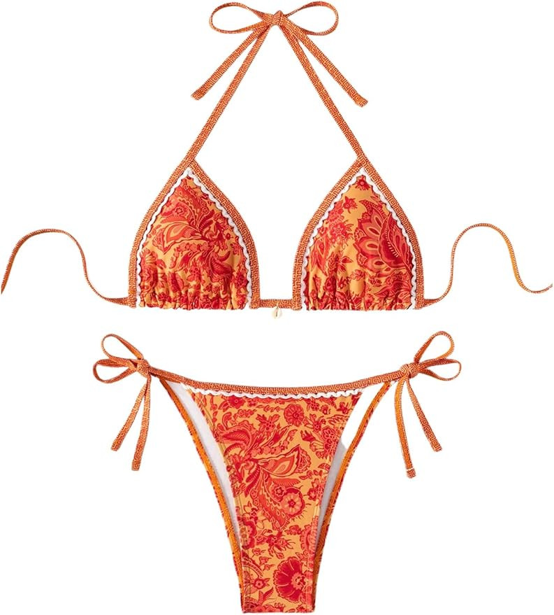 WDIRARA Women's 2 Piece Boho Swimsuits Floral Print Halter String Triangle Bikini Set Beach Bathi... | Amazon (US)