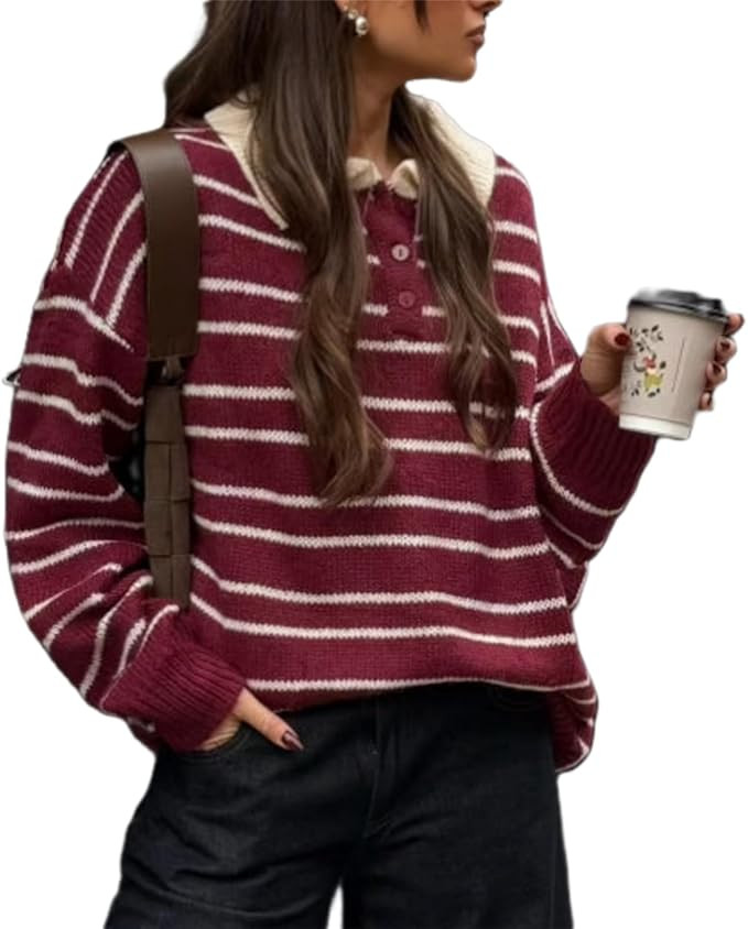 Thopavenoir Women Y2k Striped Rugby Polo Shirt Knit Vinatge Tops Long Sleeve Button Collared Neck... | Amazon (US)